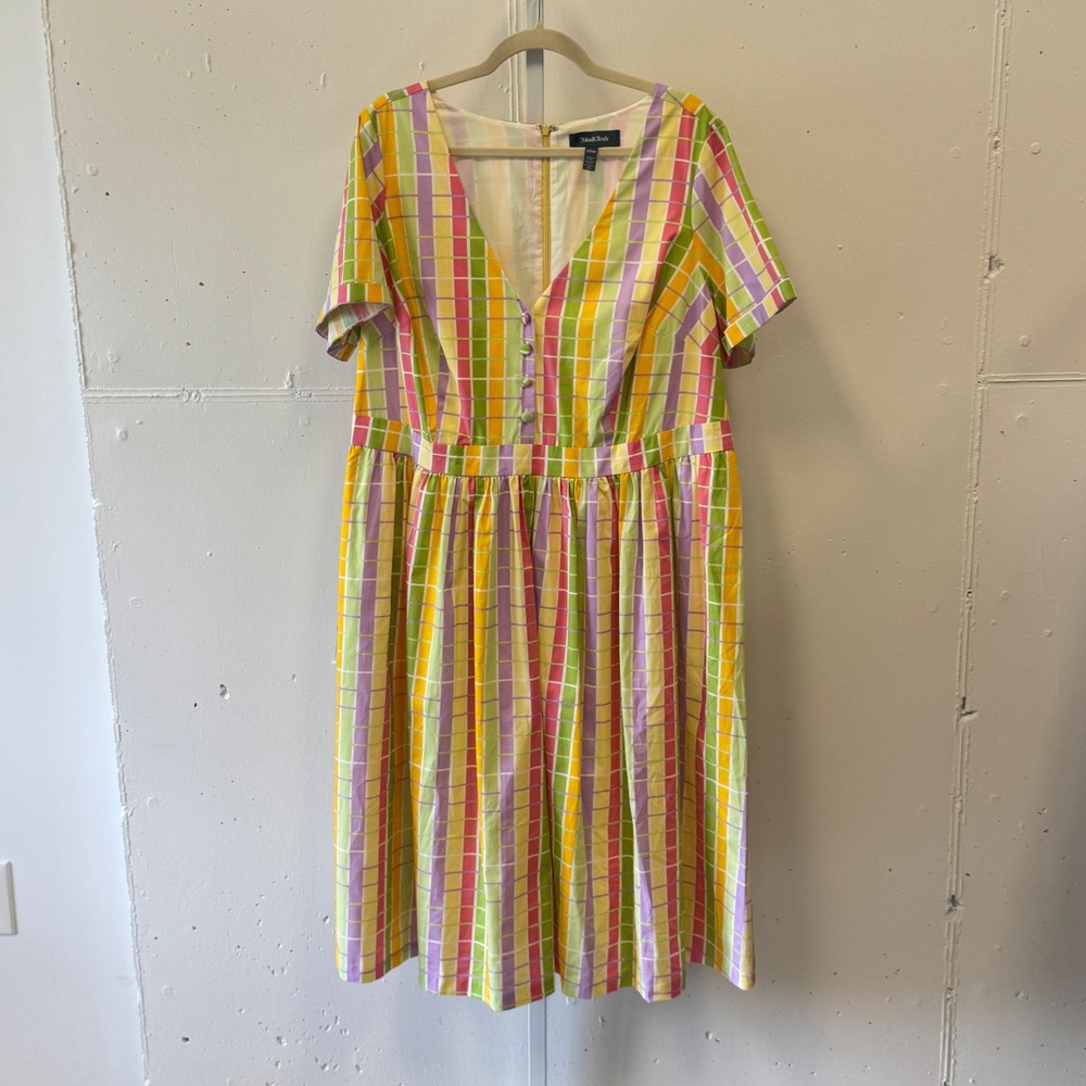 ModCloth‎ Plaid Midi Dress V-Neck Short Sleeve Fit & Flare 20W Picnic Multi